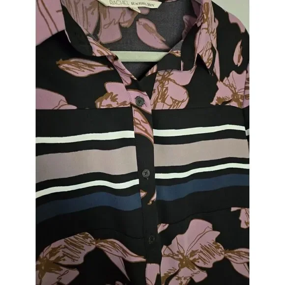 Rachel Rachel Roy Women's 3/4 Sleeve Black Floral Collared Shirt Size XL - Picture 3 of 7